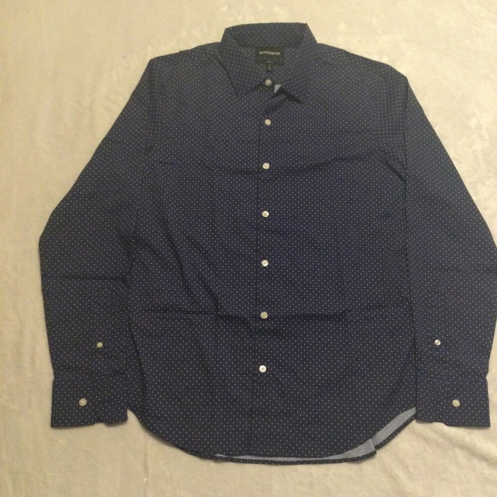 Bonobos Shirt Mens L Navy Blue Nylon Stretch Tailored Fit Polka Dot Tag L